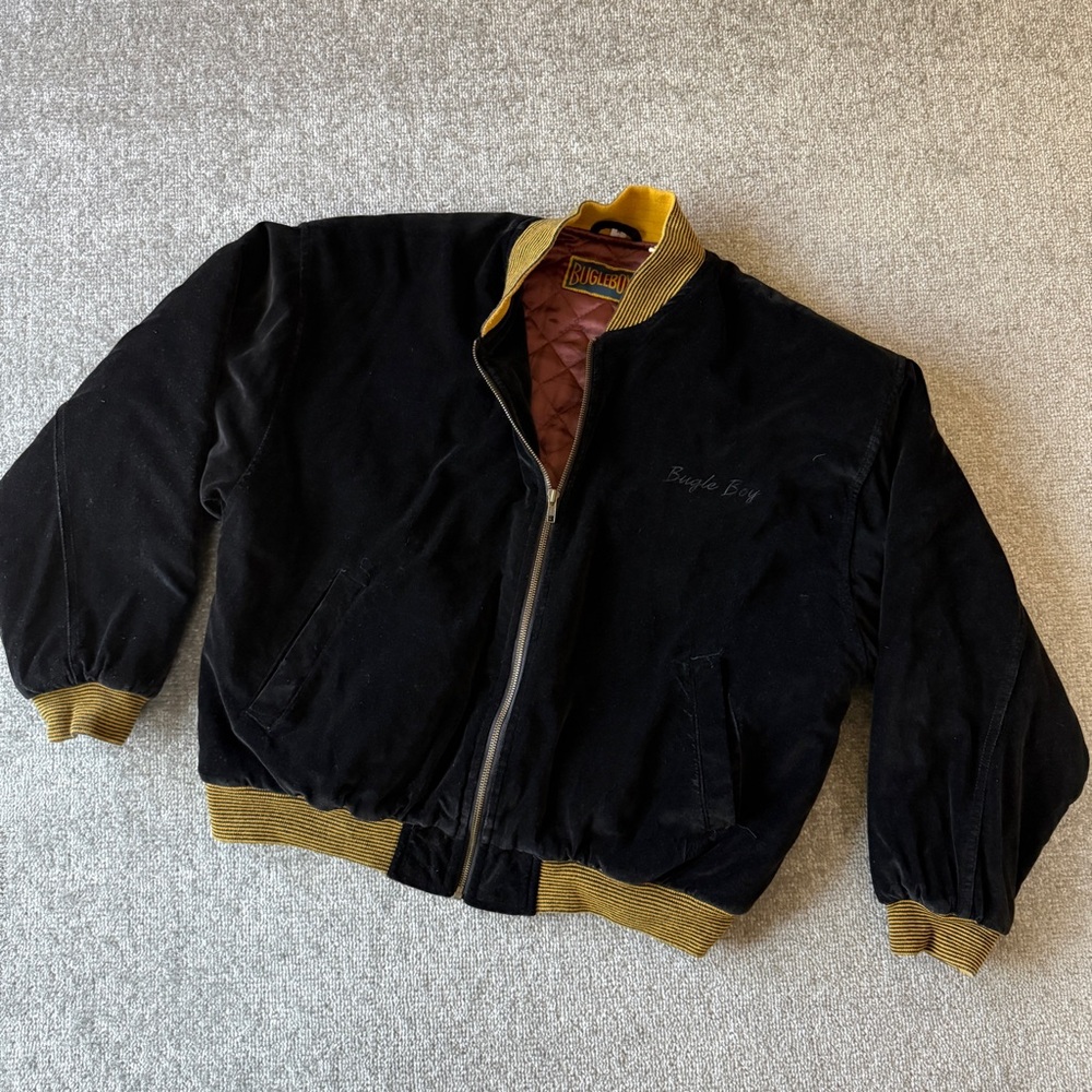 Vintage 90's Bugle Boy Black Velvet Bomber Jacket Men's Medium Maroon Lining